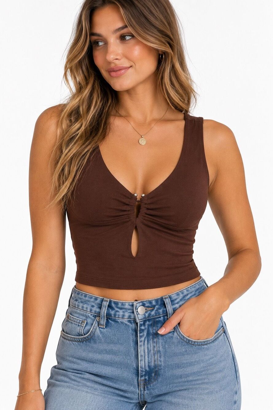 Le Lis Women’s Brown Ruched Front Keyhole Cropped Tank Top Size Small
